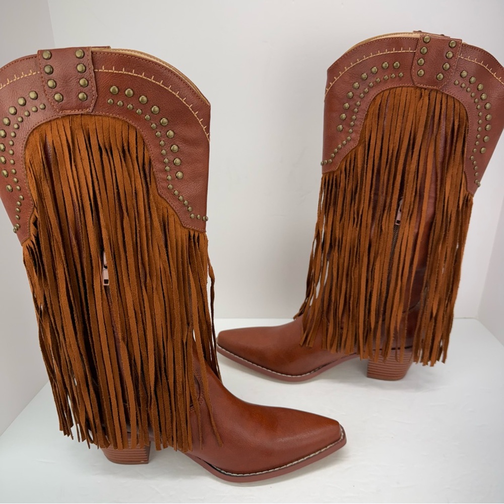 Styleloop size 7 Women’s Tan Faux Leather Studded Fringe Western Cowboy Boots - Picture 10 of 15